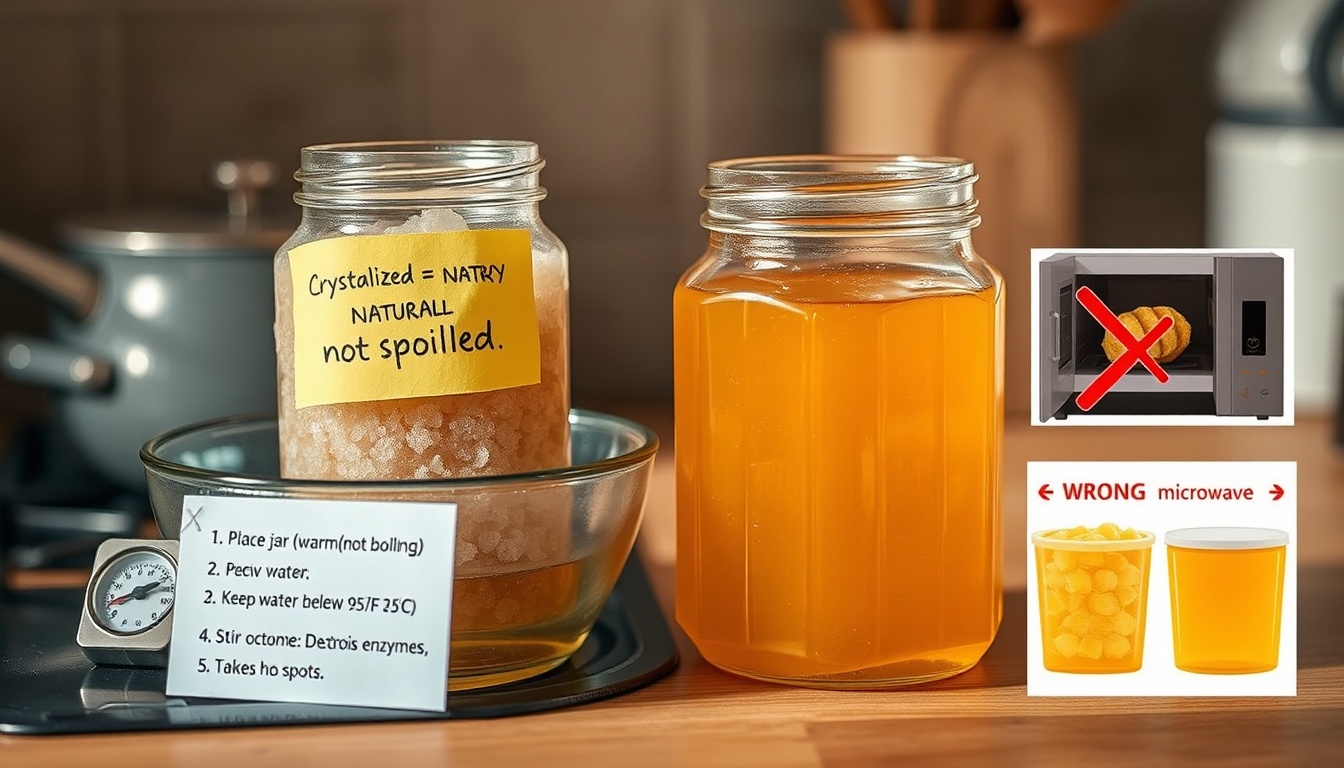 How to decrystallize honey at home: place jar in warm water bath at 95°F — never microwave, as heat above 104°F destroys active enzymes in raw honey