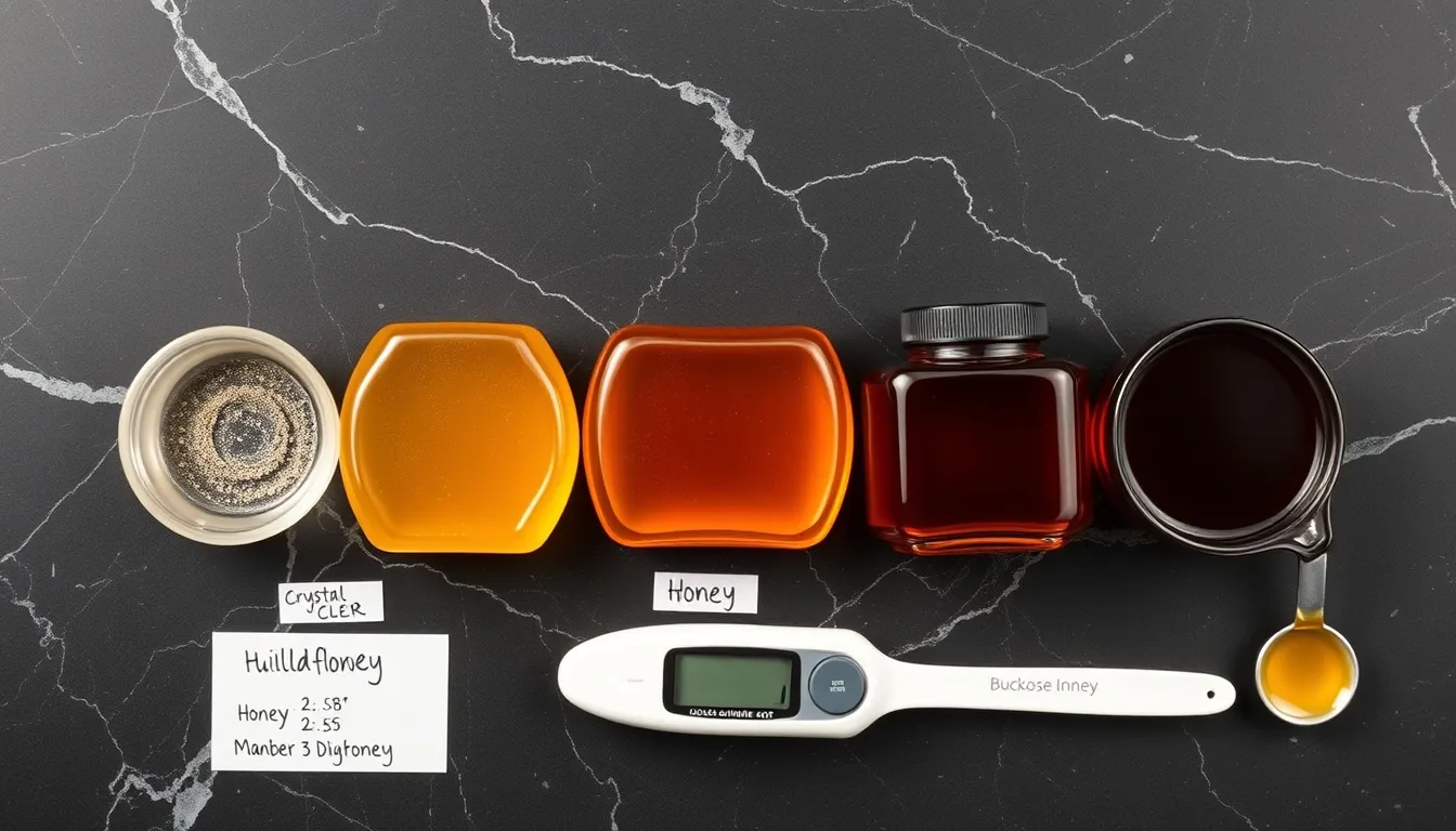 Five honey varieties arranged by glycemic index from pale acacia to dark buckwheat with glucose monitor