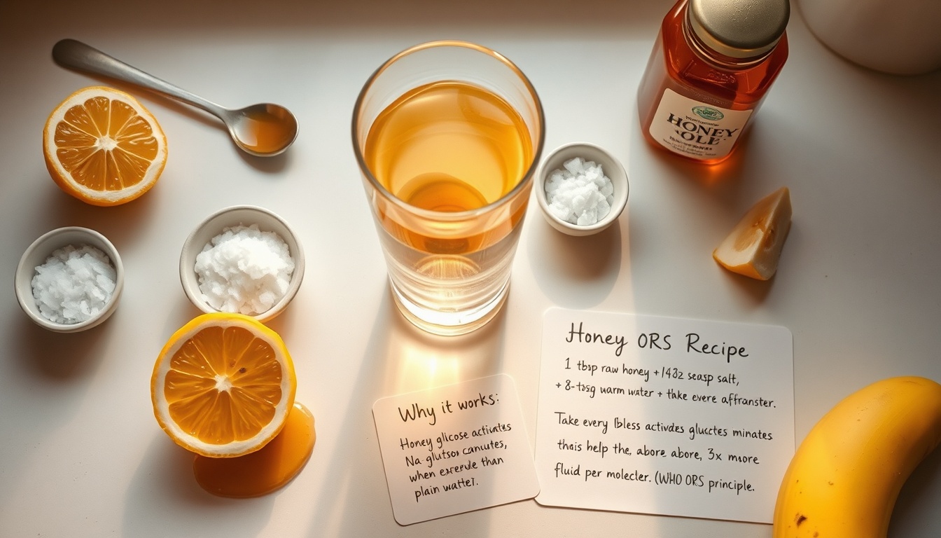 Honey oral rehydration solution — tablespoon of raw honey dissolving in warm water with lemon and sea salt for natural diarrhea relief