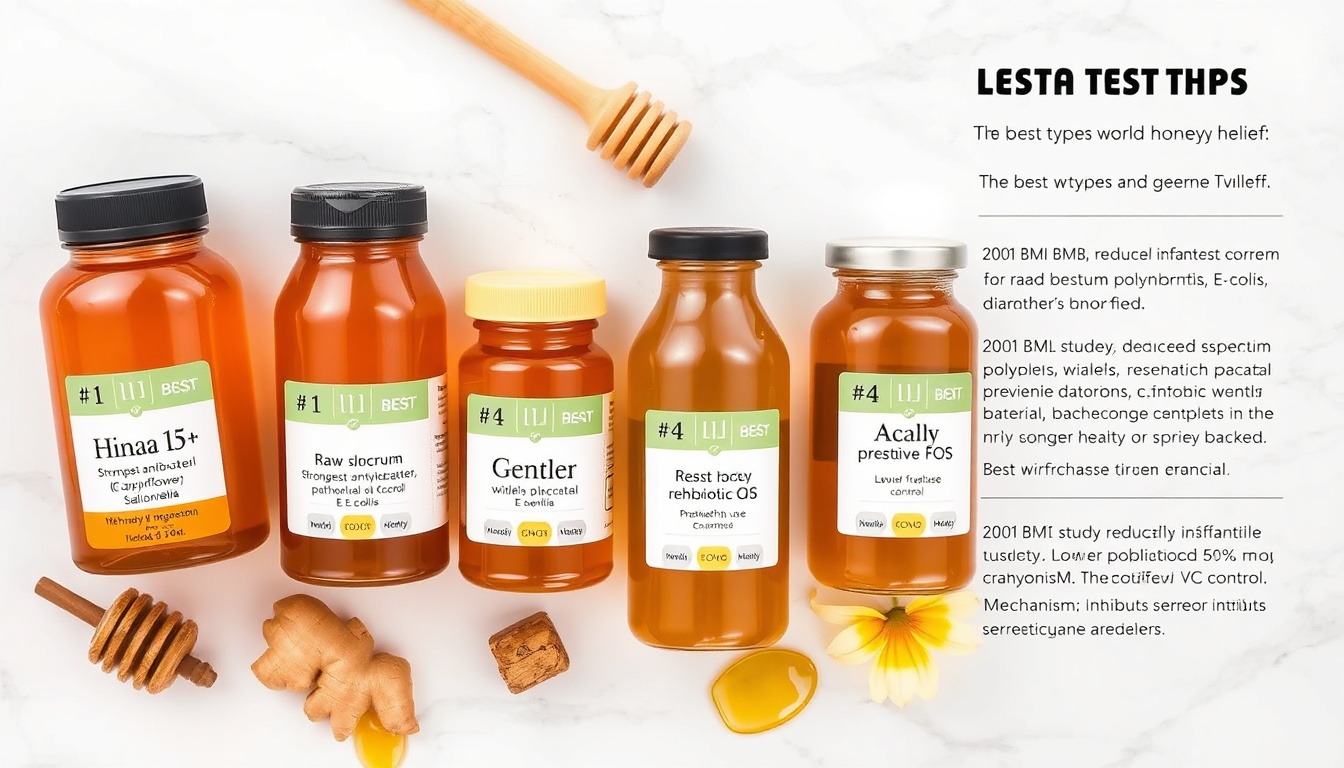 Best honey types for diarrhea ranked — Manuka UMF 15+, raw wildflower, raw clover, and acacia honey jars with digestive health benefit cards on white marble