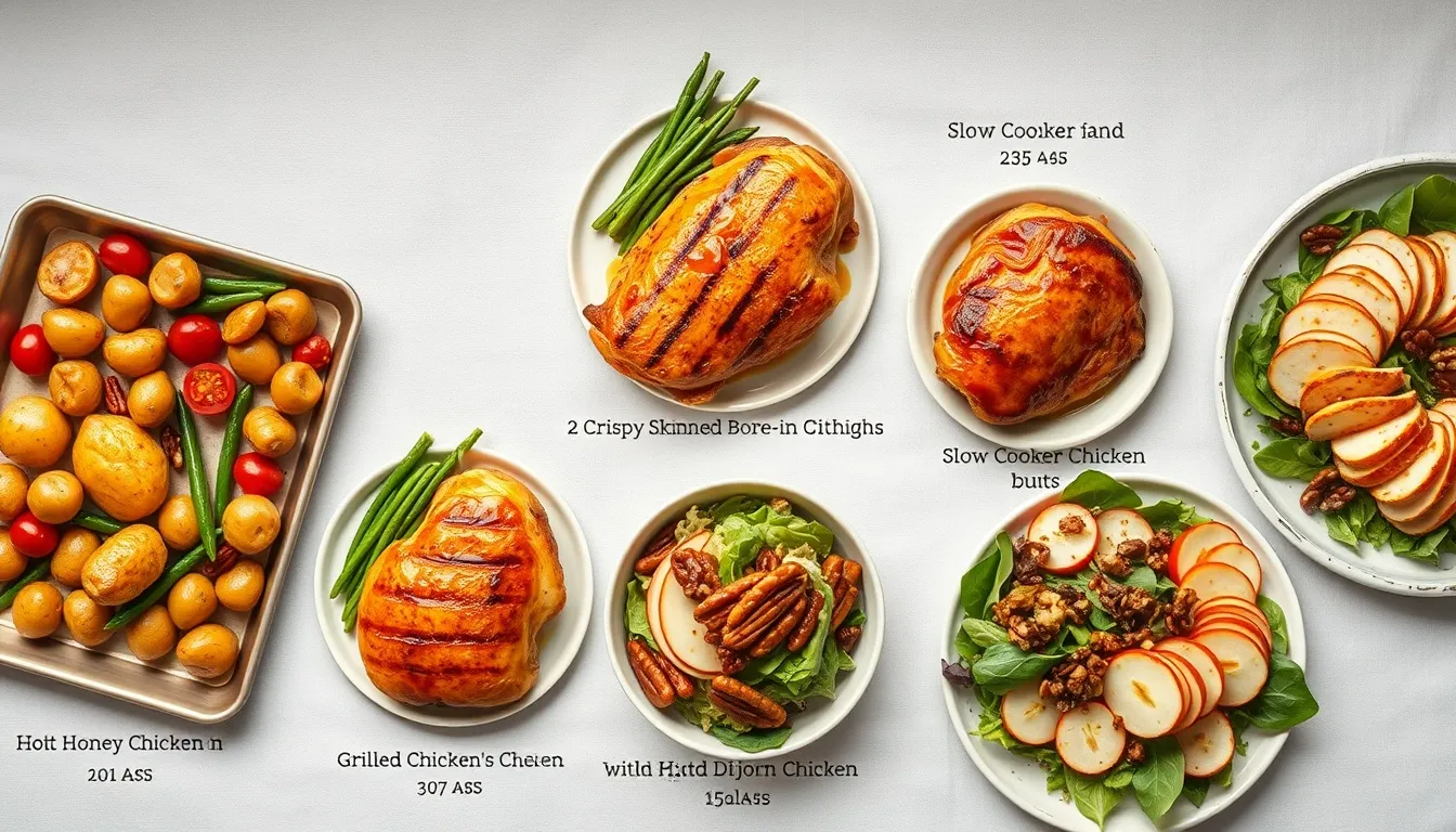 Five honey Dijon chicken variations — sheet pan, grilled, thighs, slow cooker pulled, and chicken salad