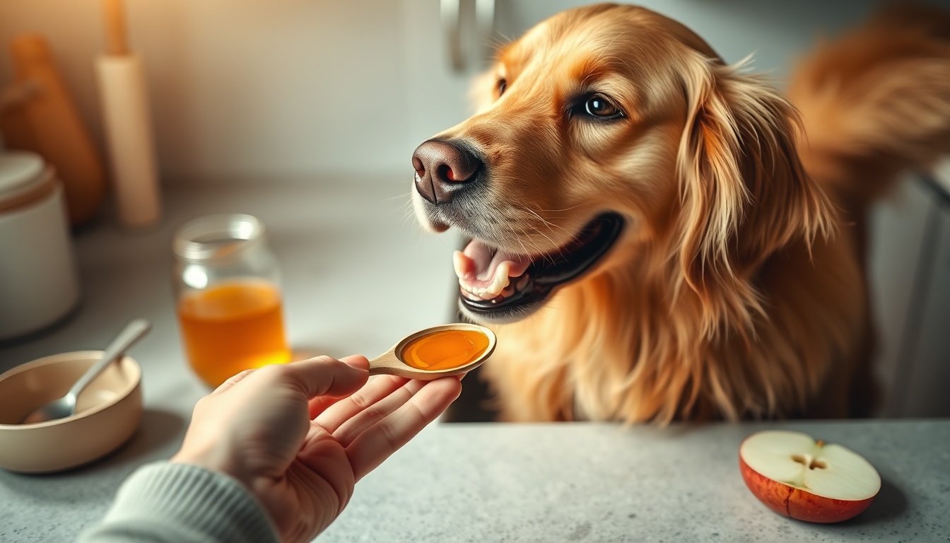Happy golden retriever gently licking honey off a wooden spoon held by its owner, with a jar of raw honey and an apple slice on the counter in warm kitchen light