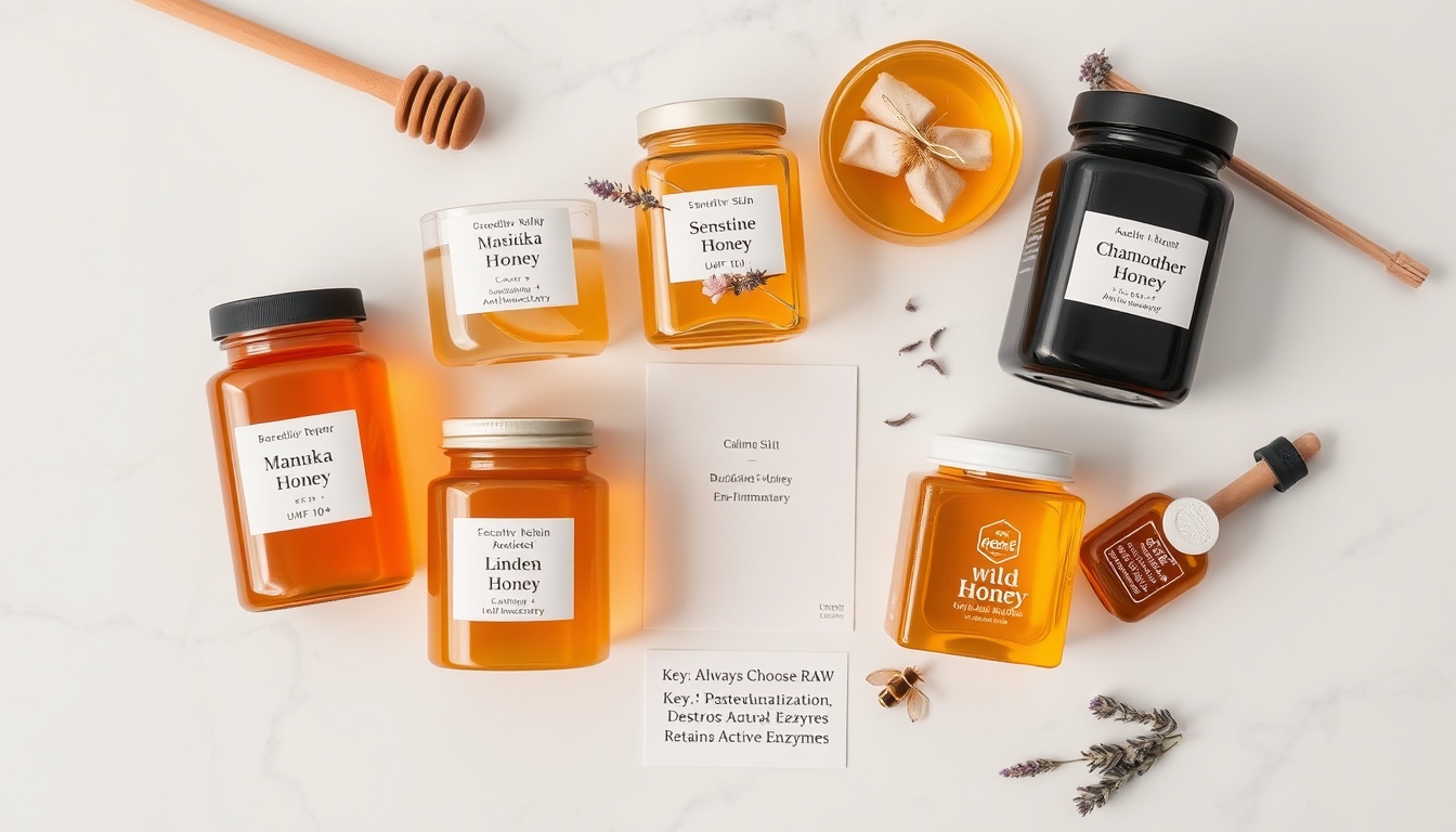 Best honey types for dry skin care: Manuka UMF 10+, acacia, linden, buckwheat, and wildflower honey varieties with companion botanical ingredients on white marble