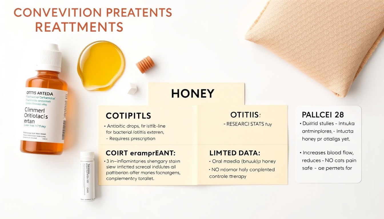 Honey vs conventional ear infection treatments comparison — antibiotic ear drops and ibuprofen versus Manuka honey and herbal tea with research status cards on clean white background