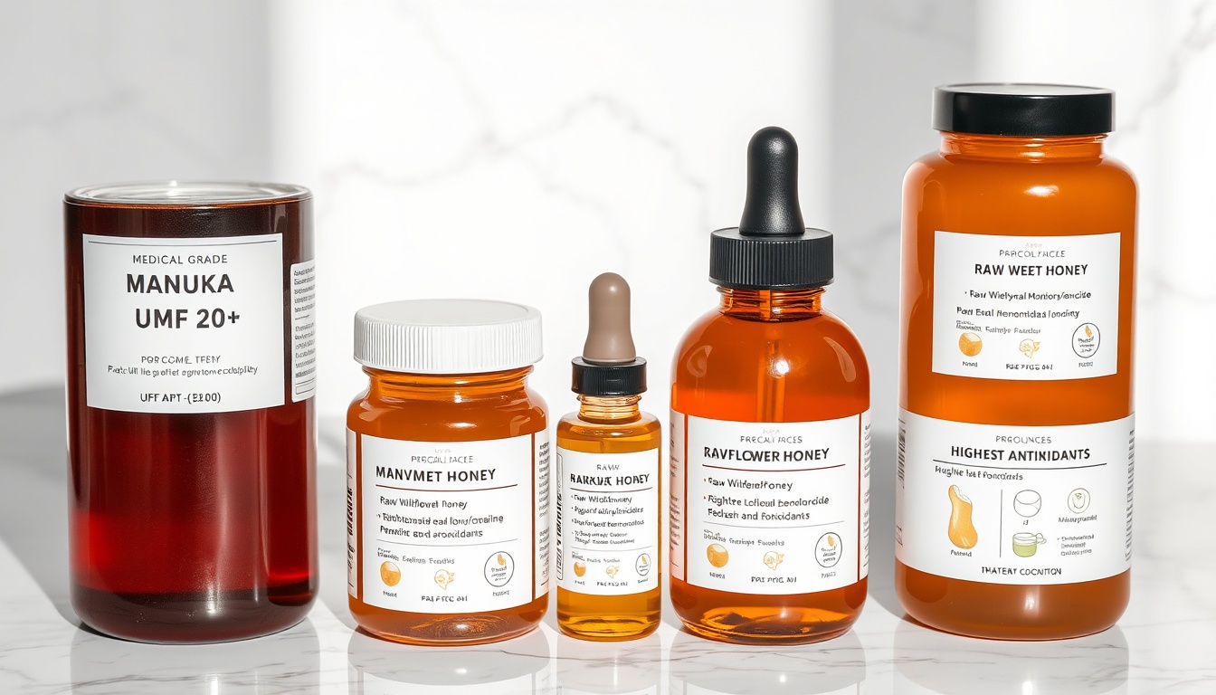 Best honey types for eczema and skin conditions — Manuka UMF 20+ medical grade, Manuka UMF 10+, raw wildflower, and buckwheat honey arranged by potency with antibacterial compound labels
