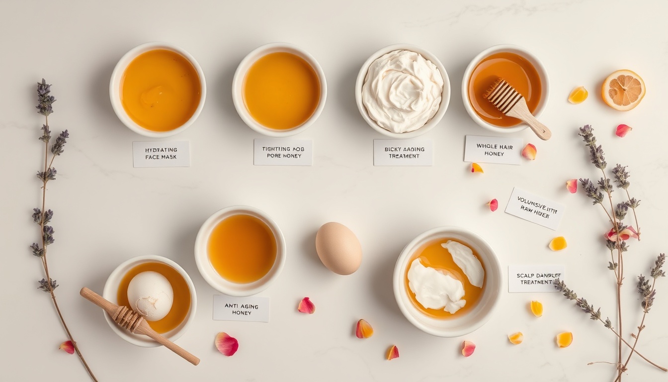 Six honey and egg DIY beauty recipe preparations in ceramic bowls: face masks, hair masks, and scalp treatment