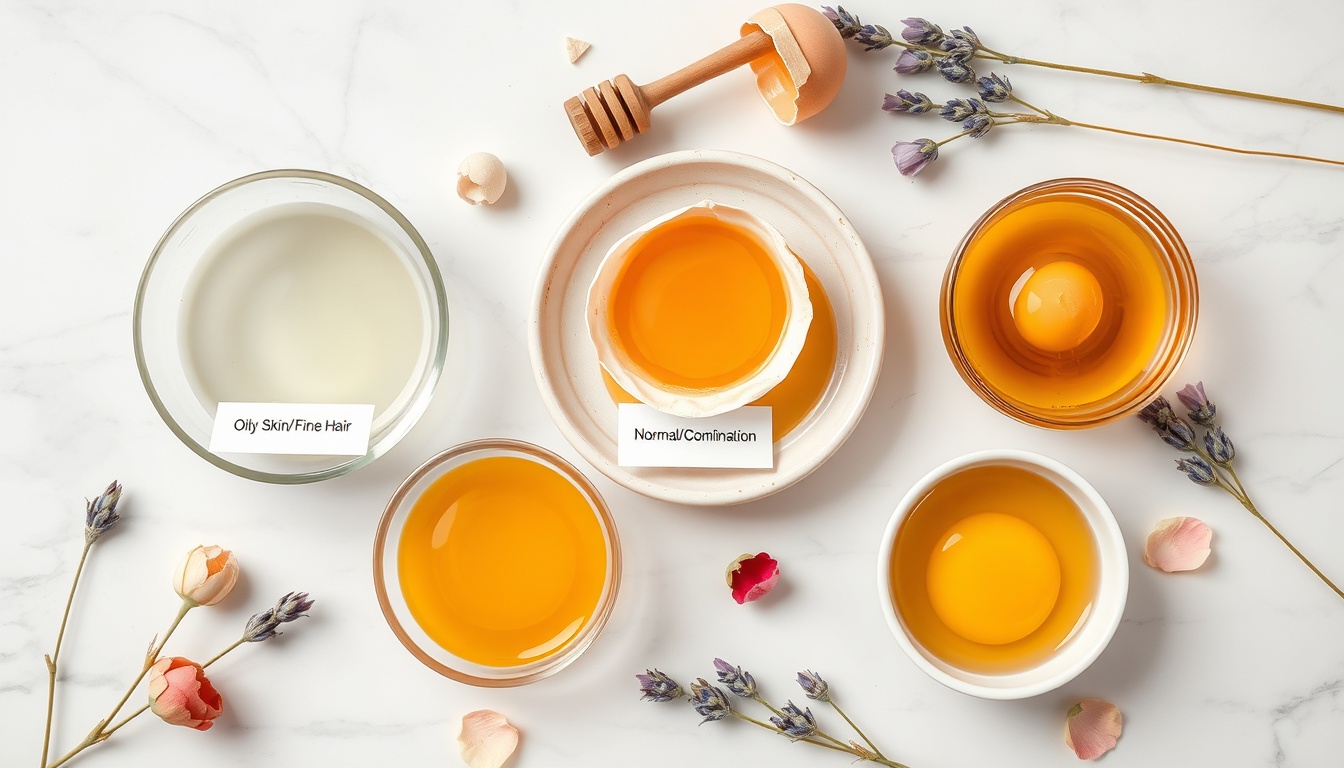 Three egg components for DIY beauty with honey: egg white for oily skin, egg yolk for dry skin, and whole egg for normal skin