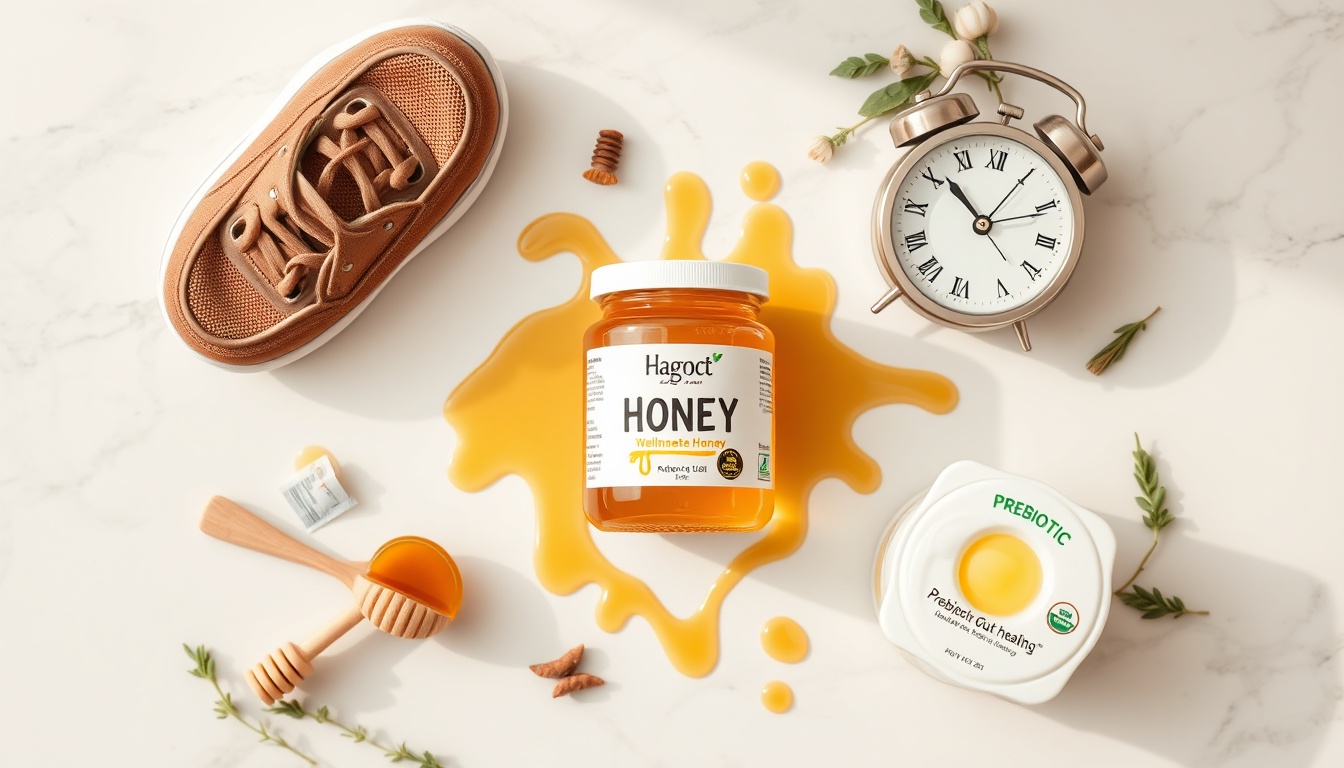 Honey on empty stomach: athletes with shoes, sore throat with jar, morning alarm clock, gut health with yogurt on marble