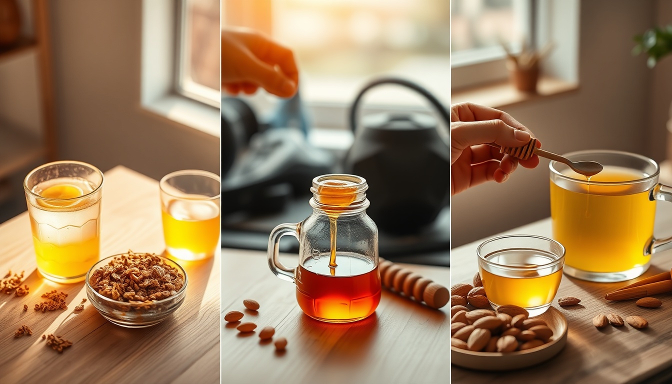 Honey energy timing guide triptych showing morning breakfast with honey drizzle, pre-workout honey water preparation, and afternoon honey green tea energy ritual