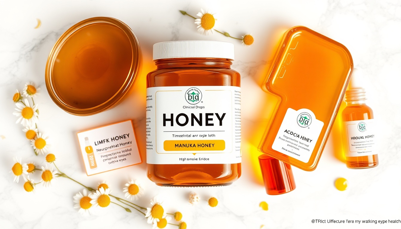 Honey varieties ranked for eye health including Manuka UMF 16+, buckwheat, tualang, and thyme honey with clinical evidence cards
