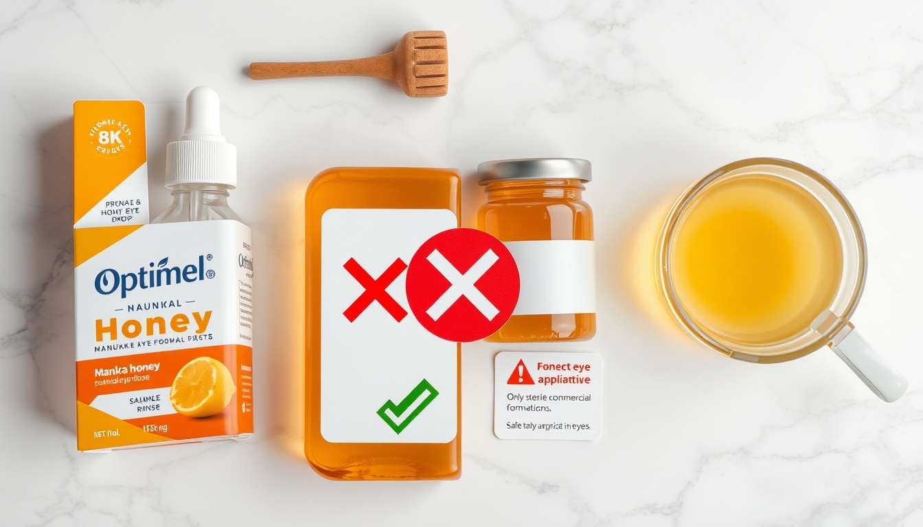 Safety comparison showing approved sterile Optimel eye drops versus raw honey with warning not to apply directly to eyes