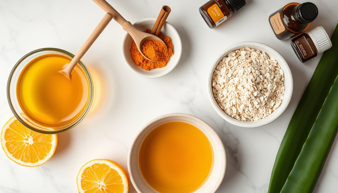 DIY honey face mask ingredients arranged on white marble: raw honey with wooden spoon, turmeric, cinnamon, halved lemon, ground oats, aloe vera leaf, and essential oils — clean beauty flat lay