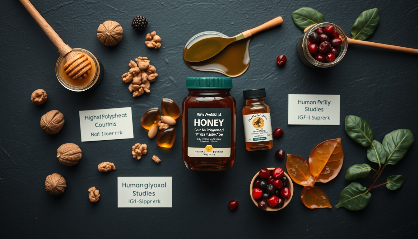 Honey for reproductive health: dark buckwheat, Manuka, bee pollen, royal jelly with walnuts, pomegranate, berries on slate
