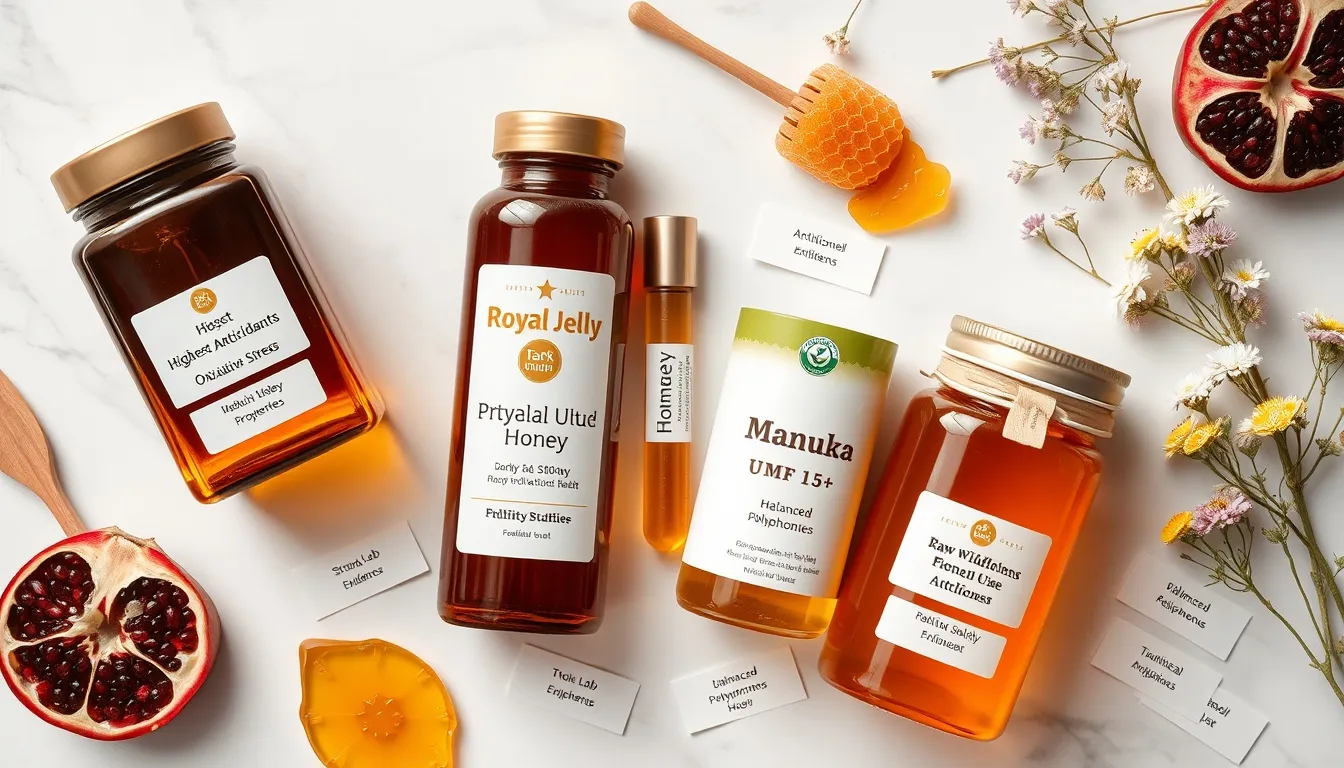 Buckwheat, royal jelly, Manuka, wildflower for fertility: antioxidant, IGF-1, antimicrobial, polyphenol cards on marble