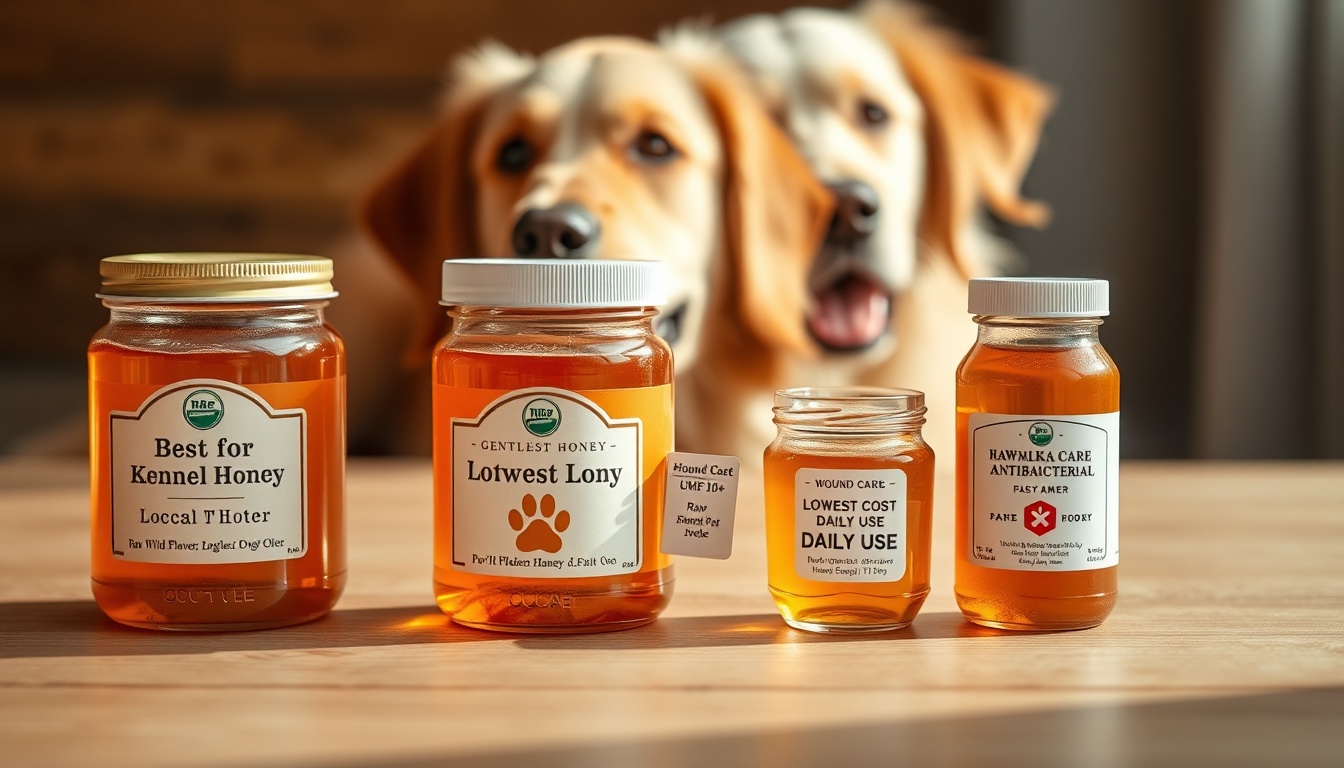 Dog-safe honey guide: raw local wildflower honey, raw clover honey, and Manuka UMF 10+ for wound care, each with dose-by-weight cards on clean wooden surface with a golden retriever in soft background