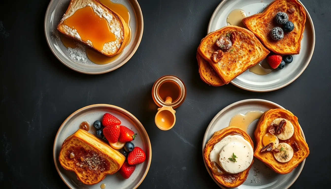 Five honey French toast variations on dark slate: classic brioche, cinnamon apple, berry compote, banana foster, and savory brie French toast