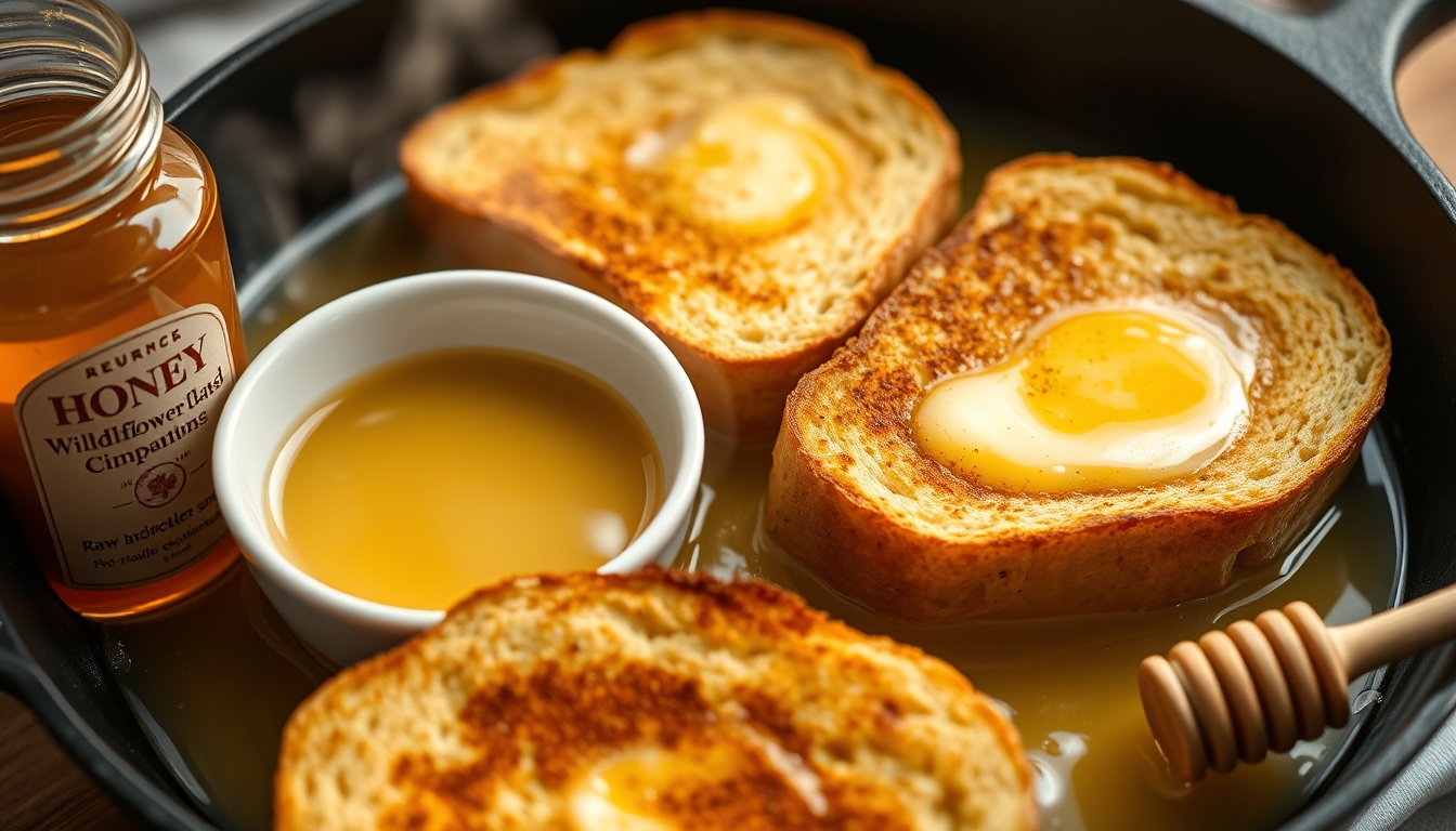 Thick brioche French toast cooking in a cast iron skillet with golden honey custard, honey jar and dipper on the side