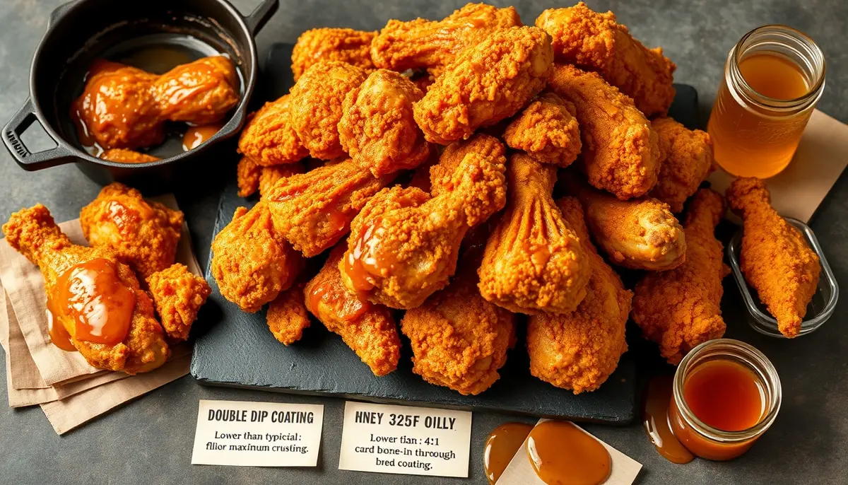 Golden crispy honey glazed fried chicken pieces piled on a dark slate board with a sticky amber honey glaze and dipping sauce