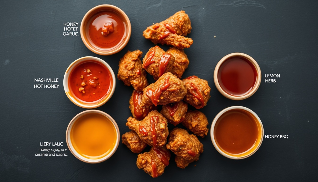Five honey fried chicken sauce variations in ceramic bowls surrounding crispy chicken pieces: Nashville hot, honey garlic, lemon herb, honey BBQ, and honey mustard
