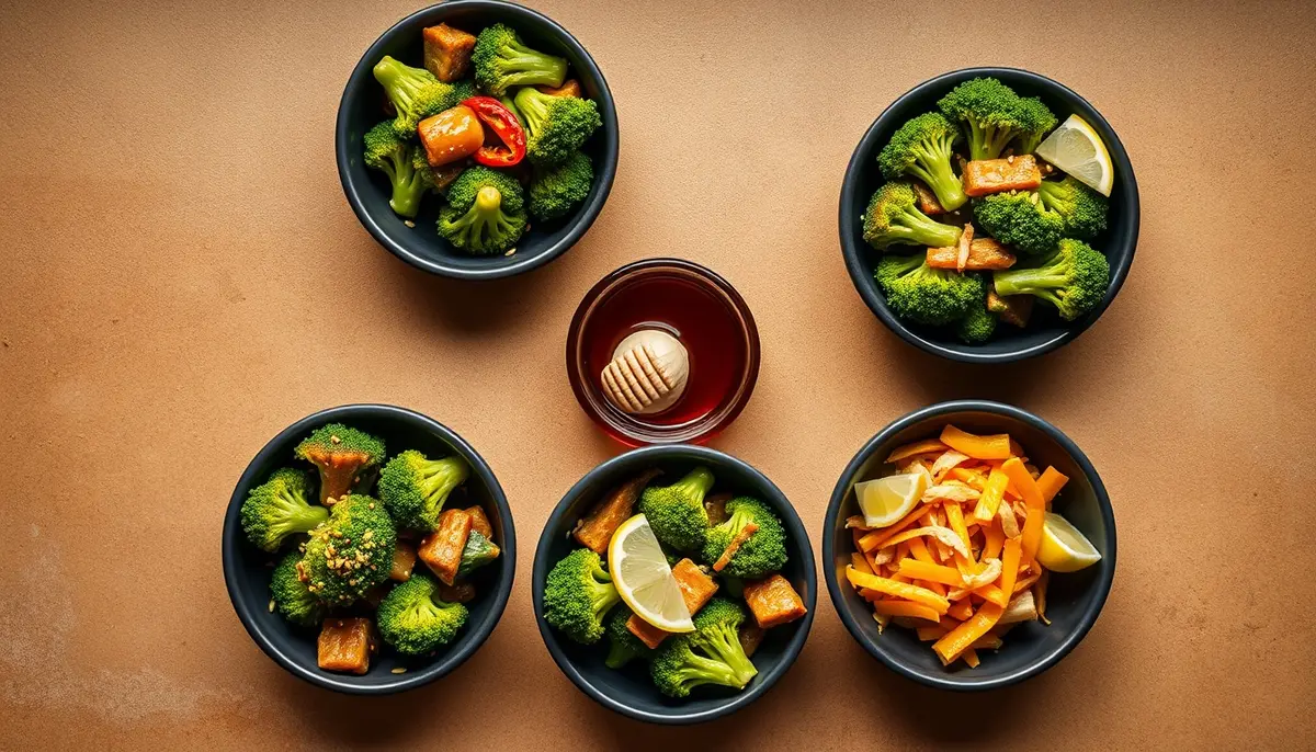 Five honey garlic broccoli flavor variations showing classic, soy, spicy, lemon, and ginger styles in dark bowls