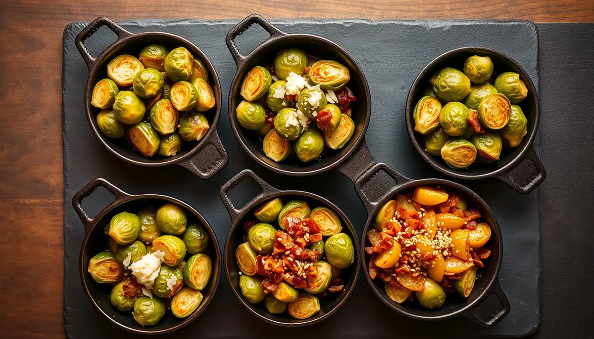 Five honey garlic brussels sprout variations in small cast iron pans — classic, honey balsamic with Parmesan, spicy honey, honey bacon, and citrus ginger honey with sesame