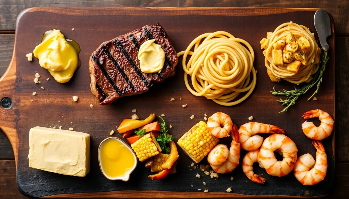Honey garlic compound butter melting over grilled corn, steak, and warm dinner rolls