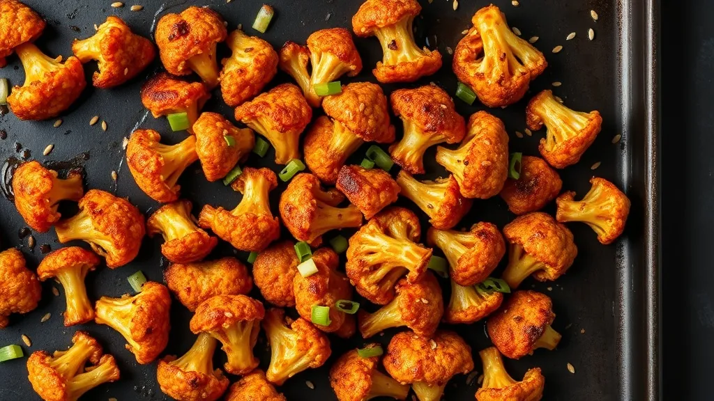 Crispy honey garlic cauliflower florets with caramelized golden edges and sticky amber glaze on a dark baking sheet