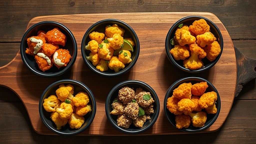 Five honey garlic cauliflower flavor variations on dark ceramic plates: buffalo, sesame, curry, Parmesan, and air fryer styles