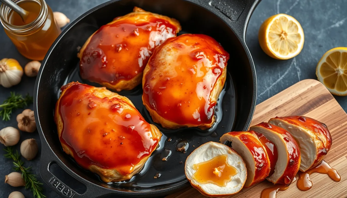 Three honey garlic chicken breasts in cast iron skillet with deep amber caramelized glaze, fresh garlic, thyme, and a sliced breast showing juicy white interior