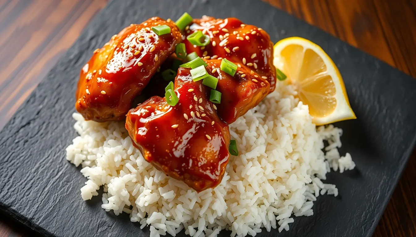 Restaurant-quality honey garlic chicken thighs with lacquered amber glaze, sesame seeds, and scallions served over steamed jasmine rice