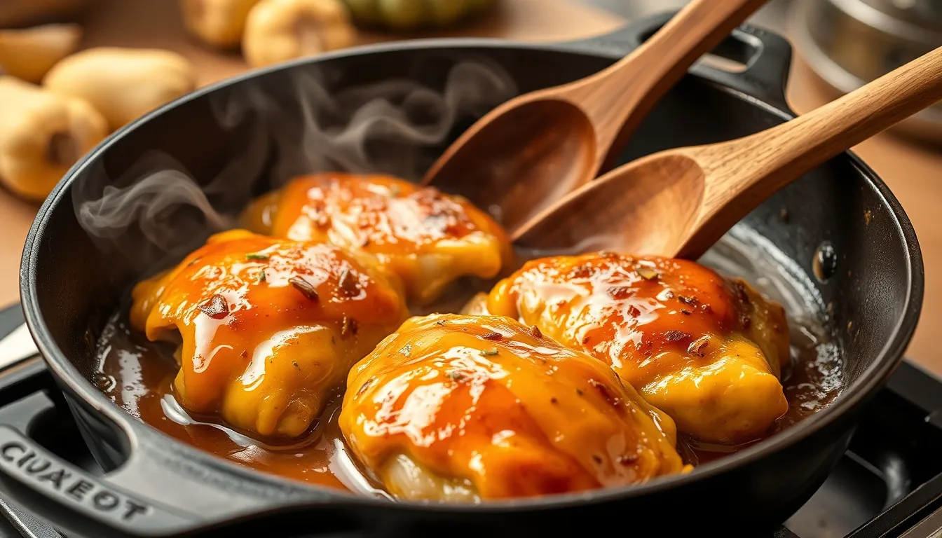 Golden-brown chicken thighs sizzling in a cast iron skillet with glossy honey garlic glaze bubbling around them