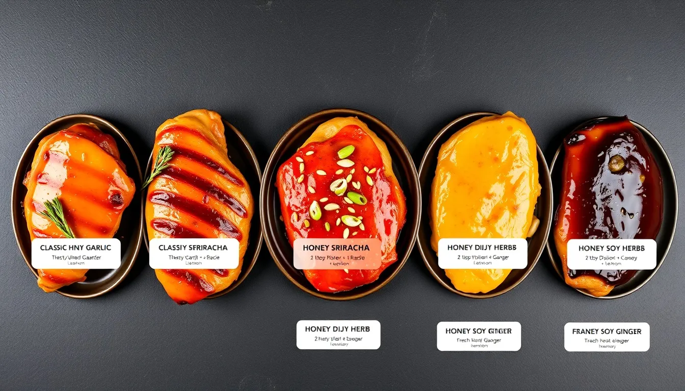 Five honey garlic chicken breast variations on dark slate: classic amber glaze, sriracha red-orange, honey dijon herb, ginger soy teriyaki, and balsamic rosemary