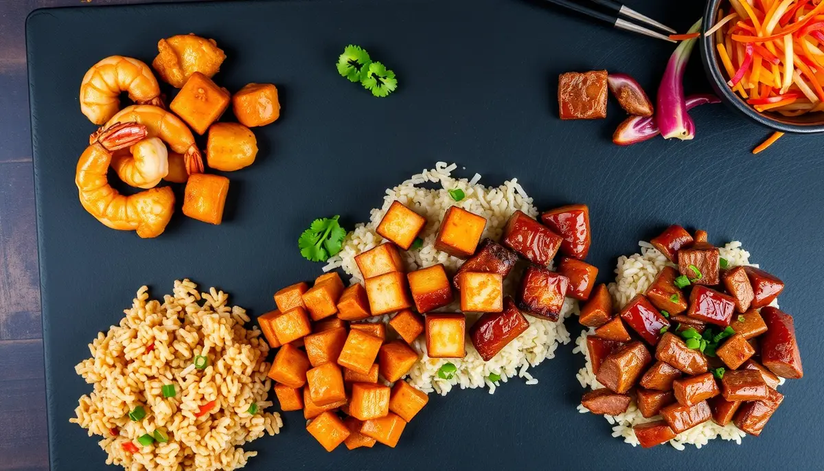 Five protein options for honey garlic fried rice on dark slate — crispy shrimp, golden chicken, caramelized tofu, seared beef, and diced Spam with lap cheong — each glistening with honey garlic glaze