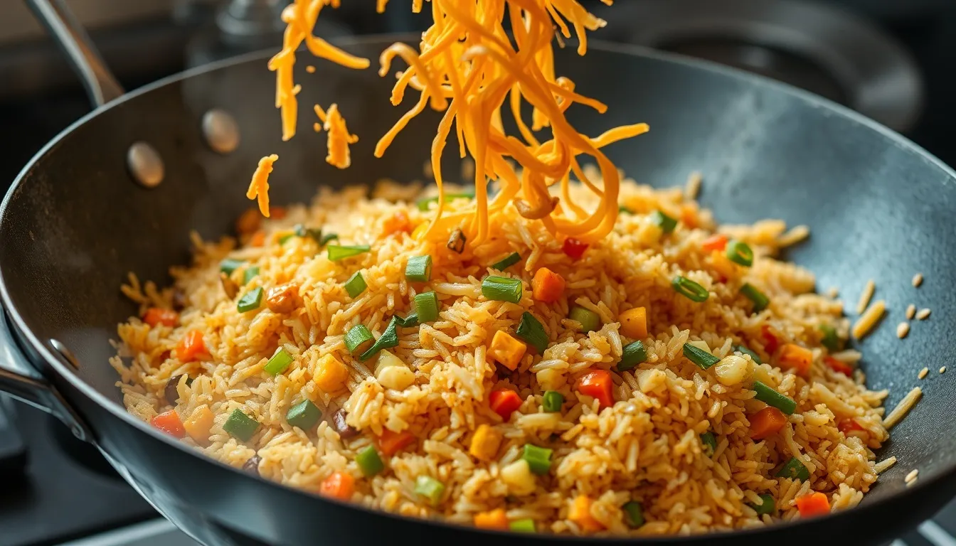 Honey garlic fried rice being tossed in a blazing hot carbon steel wok — glossy caramelized rice grains with colorful vegetables, egg ribbons, scallions, and amber honey garlic sauce
