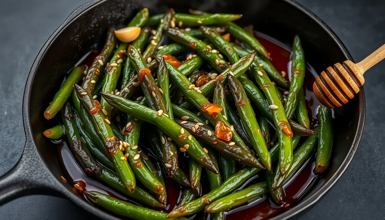 Glossy honey garlic green beans sizzling in a cast iron skillet with caramelized char marks and sticky amber glaze