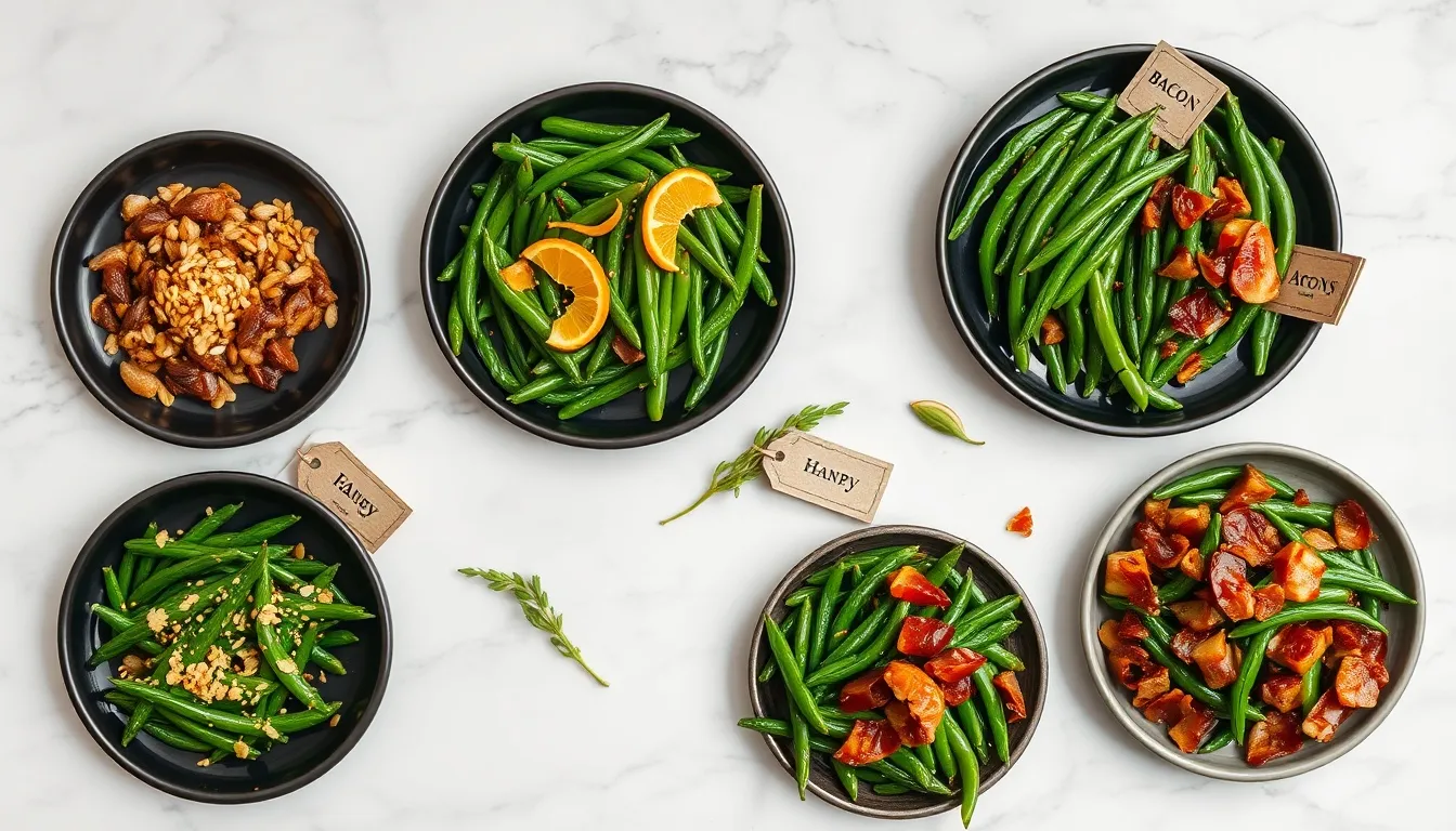 Four honey garlic green bean flavor variations on dark ceramic plates — sesame, citrus-ginger, spicy, and bacon