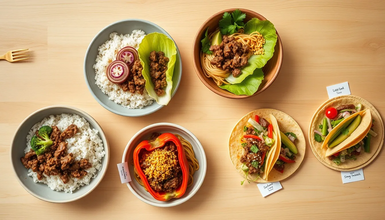 Five honey garlic ground beef serving presentations — rice bowl, lettuce wraps, noodles, stuffed peppers, and tacos