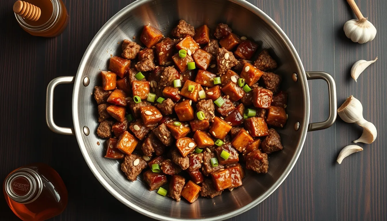 Honey garlic ground beef in a skillet with caramelized sticky amber glaze, sesame seeds, and sliced green onions