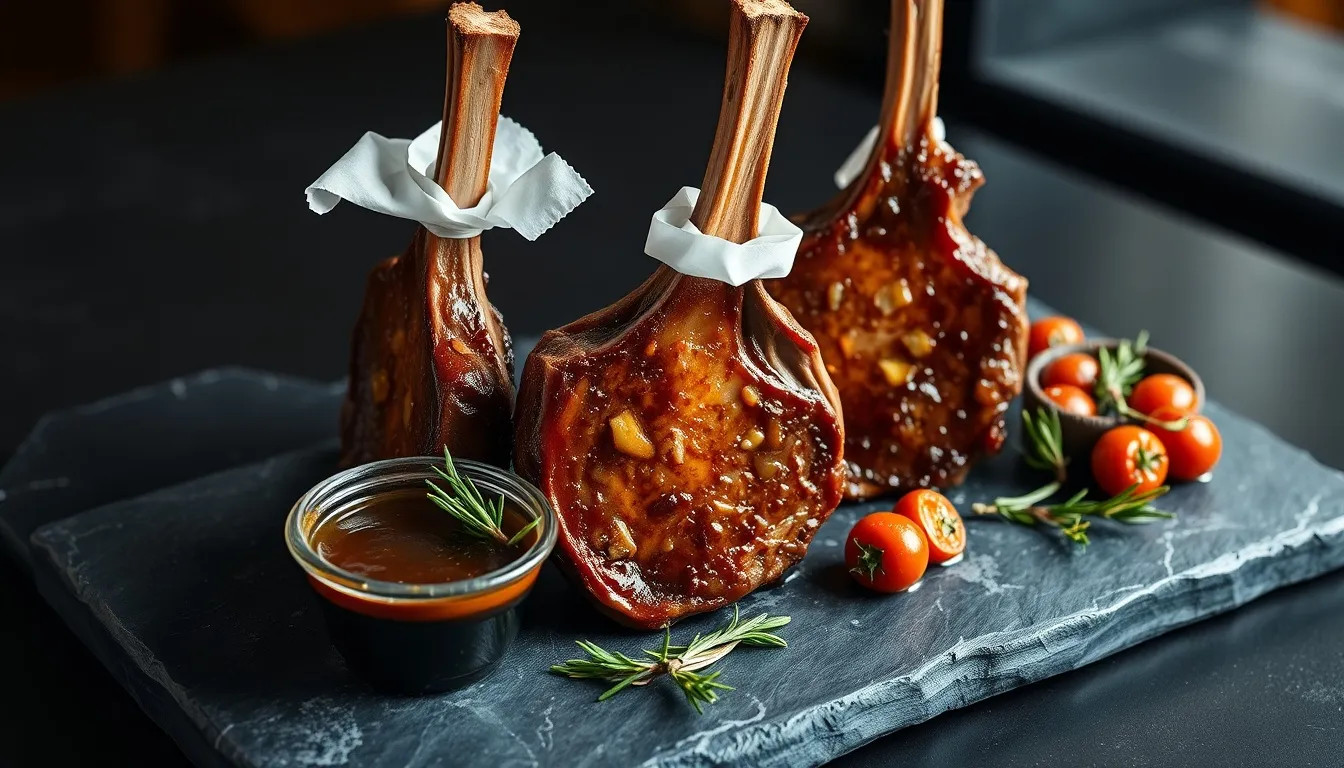 Restaurant-quality honey garlic lamb chops with caramelized amber-mahogany glaze standing on dark slate board with fresh rosemary