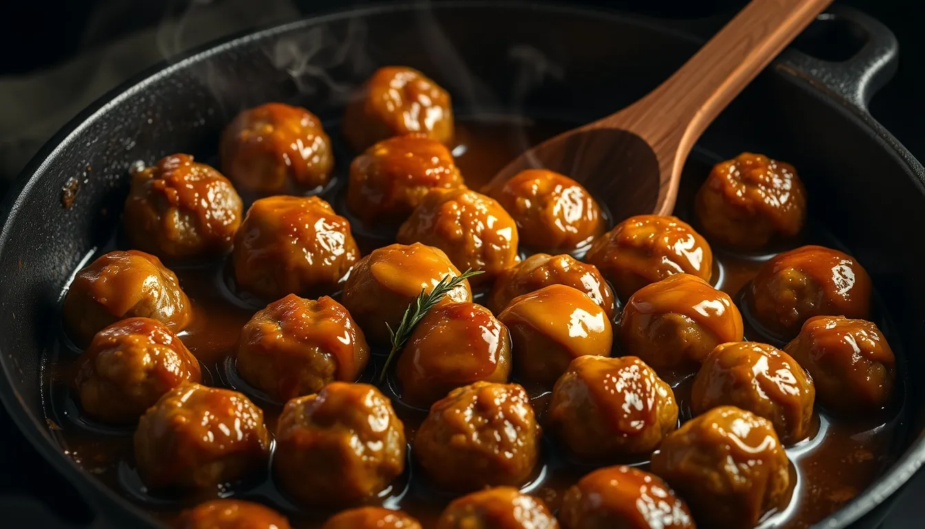 Honey garlic meatballs sizzling in a cast iron skillet with glossy amber honey garlic sauce, sesame seeds, and fresh thyme