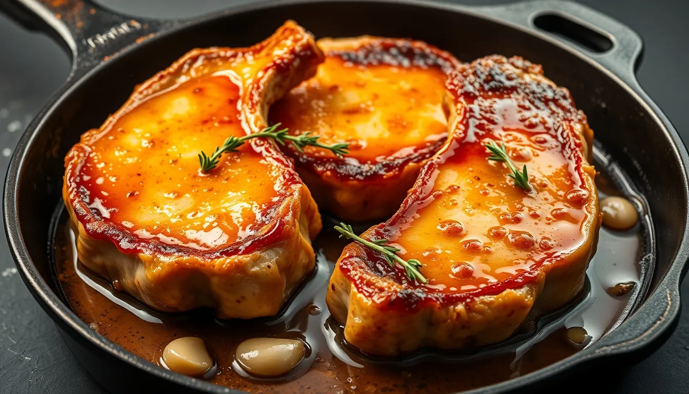 Juicy honey garlic pork chops sizzling in a cast iron skillet with deeply caramelized amber glaze, whole garlic cloves, and fresh thyme