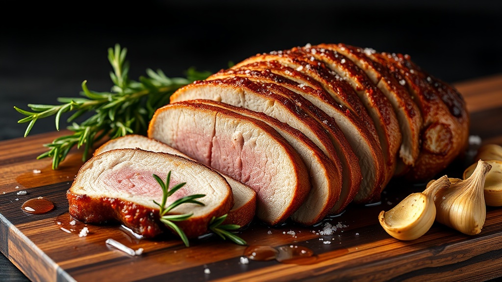 Honey garlic pork tenderloin sliced into juicy medallions on a cutting board with caramelized honey glaze