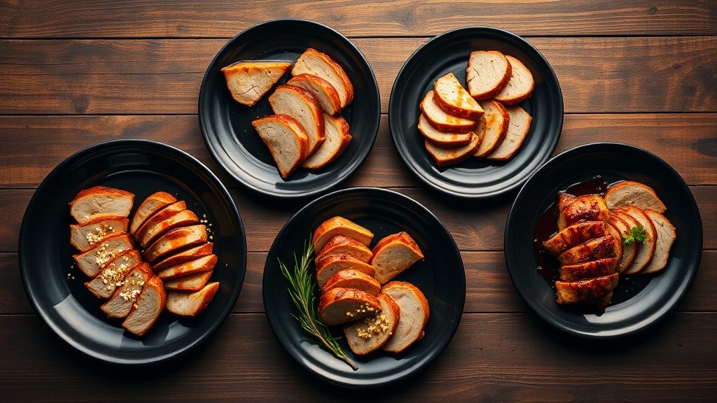 Five plates of honey garlic pork tenderloin medallions with different glaze variations including butter, Asian-style, spicy, mustard herb, and balsamic