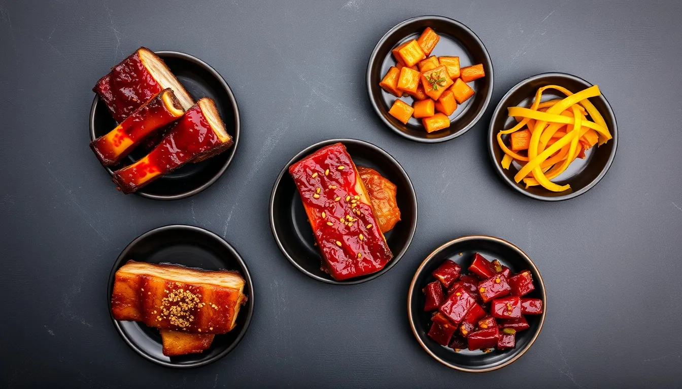 Five honey garlic rib variations — smoky BBQ, Korean gochujang, honey mustard, citrus, and spicy hot honey — plated on dark ceramic