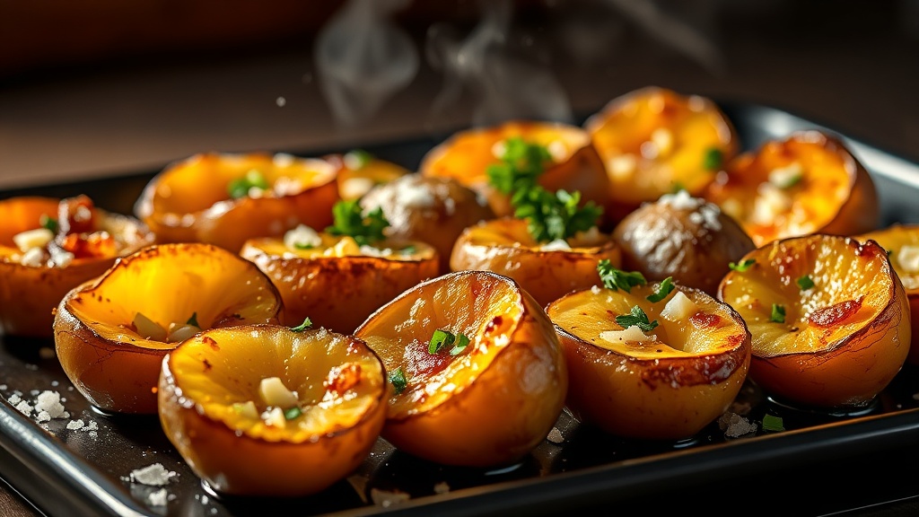 Crispy honey garlic roasted baby potatoes on a black baking sheet with caramelized golden crust, sticky amber glaze, garlic bits, and fresh parsley