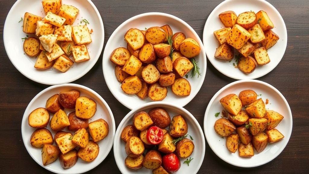 Five white ceramic plates of honey garlic roasted potatoes in different seasoning styles: Parmesan-crusted, rosemary, spicy chili, ranch-dusted, and honey Dijon mustard