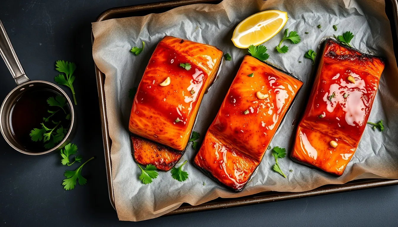 Three honey garlic glazed salmon fillets on a baking sheet with deeply caramelized amber glaze, garnished with cilantro and lemon wedges