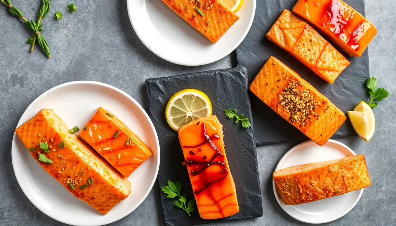 Five honey garlic salmon flavor variations on individual plates: classic, lemon-herb, spicy, miso, and honey mustard