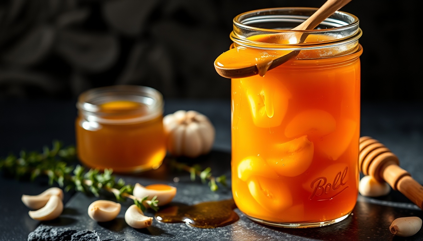 Freshly made honey garlic sauce in a wide-mouth mason jar with garlic cloves visible through the glass, wooden spoon resting across the top with sauce dripping