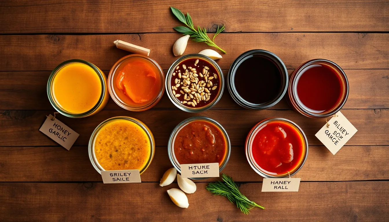 Six honey garlic sauce flavor variations in small glass bottles: classic golden, fiery sriracha, ginger-soy teriyaki, lemon herb, balsamic, and spicy Korean gochujang
